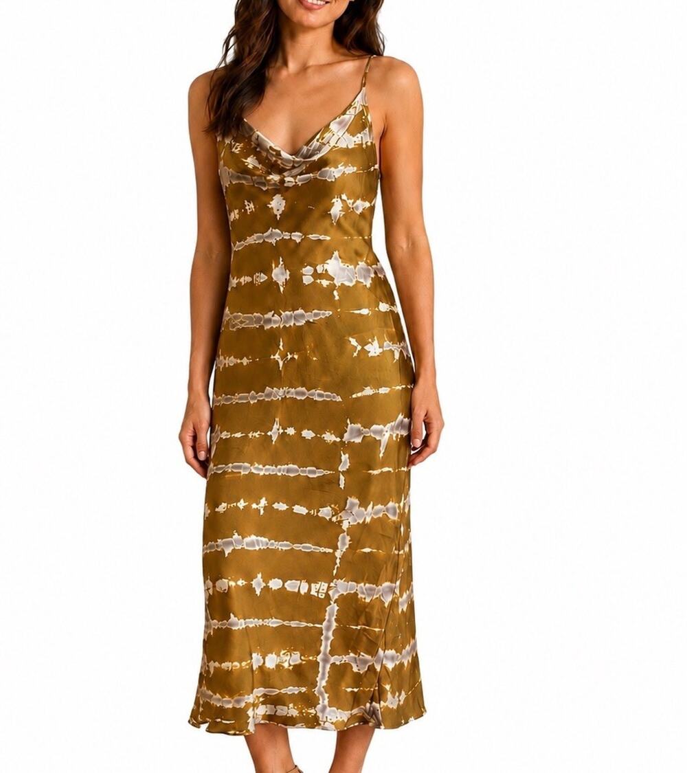 Young Fabulous & Broke Sweetie Cowl Tie Dye Slip Dress Sz Large Midi Brown Olive